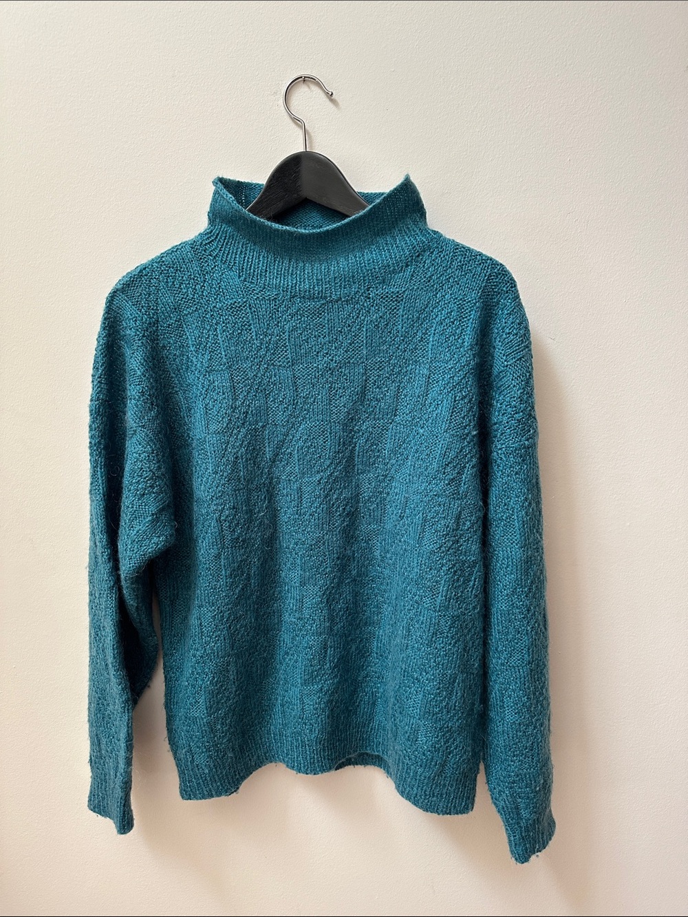 Hand Knit Teal Mockneck Wool and Mohair Sweater